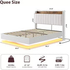 Cadre de lit plateforme moderne suspendu et rembourré avec lumières LED et prises, tête de lit, support en lattes de bois robustes, silencieux et facile à assembler