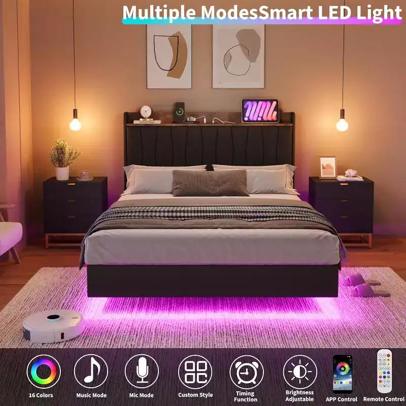 Cadre de lit plateforme moderne suspendu et rembourré avec lumières LED et prises, tête de lit, support en lattes de bois robustes, silencieux et facile à assembler