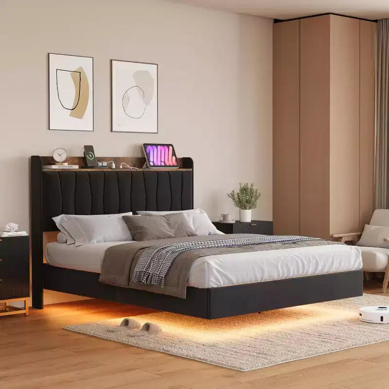Suspended Modern Upholstered Platform Bed Frame with LED Lights and Sockets, Headboard, Sturdy Wooden Slats Support, Quiet and Easy to Assemble