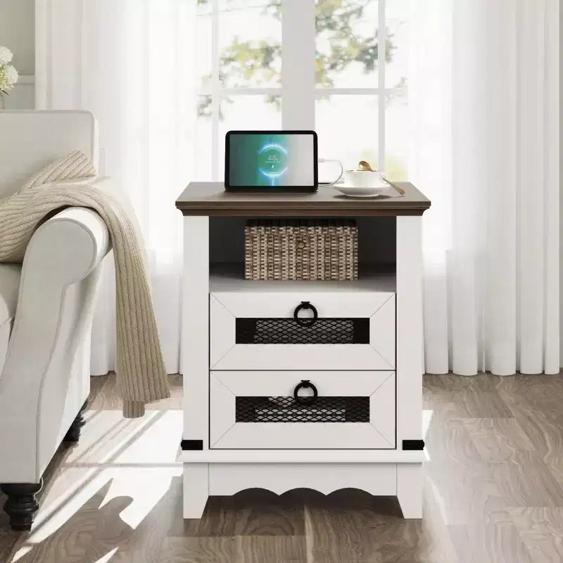 Table de chevet de ferme COZONY avec station de charge, tiroirs, compartiment de rangement ouvert, table de chevet pour chambre à coucher et salon