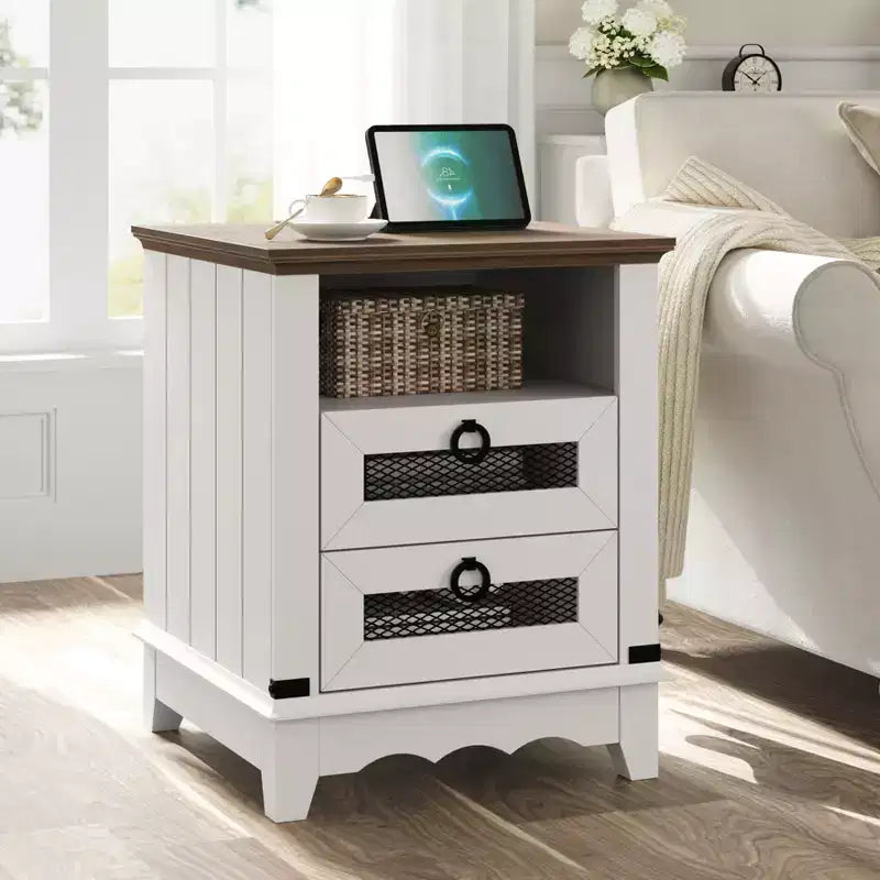 Table de chevet de ferme COZONY avec station de charge, tiroirs, compartiment de rangement ouvert, table de chevet pour chambre à coucher et salon