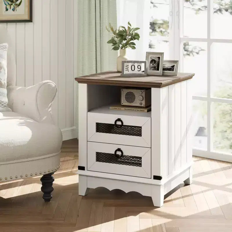 Table de chevet de ferme COZONY avec station de charge, tiroirs, compartiment de rangement ouvert, table de chevet pour chambre à coucher et salon