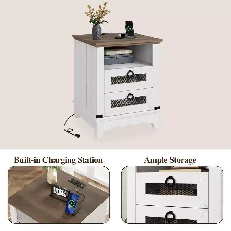 Table de chevet de ferme COZONY avec station de charge, tiroirs, compartiment de rangement ouvert, table de chevet pour chambre à coucher et salon