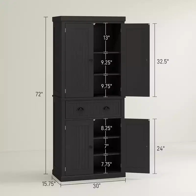Meuble de Rangement de Cuisine, Buffet avec 4 Portes et 3 Étagères Réglables, Grand Tiroir Central, 72 po