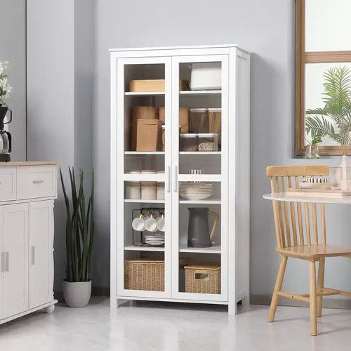 Armoire de cuisine garde-manger de 63 po, Armoire de rangement autonome, Vitrine avec 2 portes vitrées et 2 étagères réglables pour salle à manger
