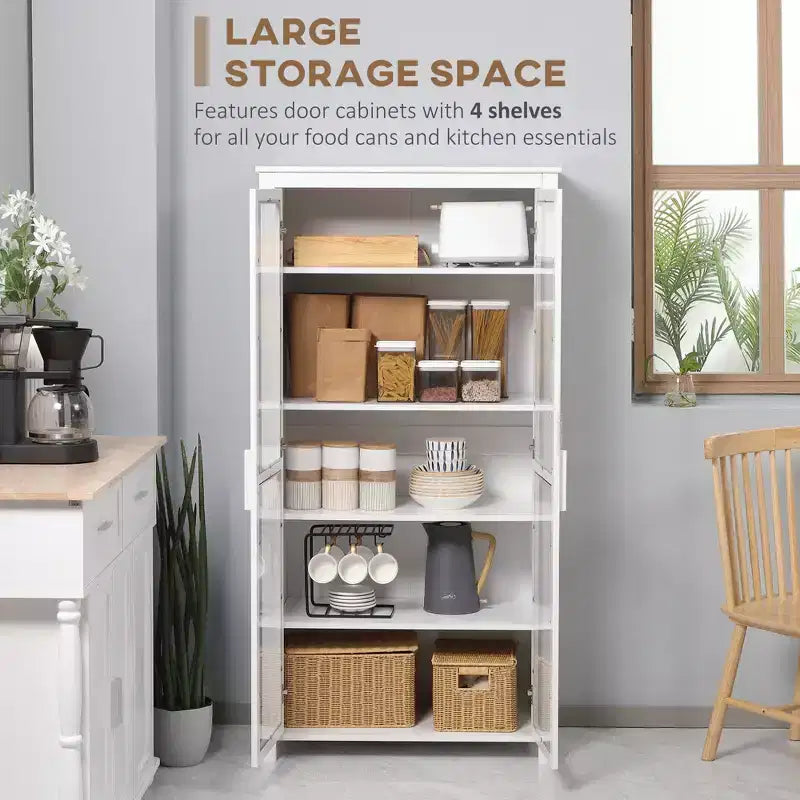 Armoire de cuisine garde-manger de 63 po, Armoire de rangement autonome, Vitrine avec 2 portes vitrées et 2 étagères réglables pour salle à manger