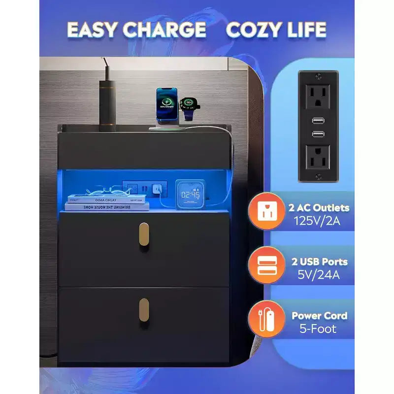 Table de chevet GALAXHERO avec lumières LED et station de charge, avec plateau coulissant et 2 tiroirs, table d'appoint intelligente pour chambre ou salon