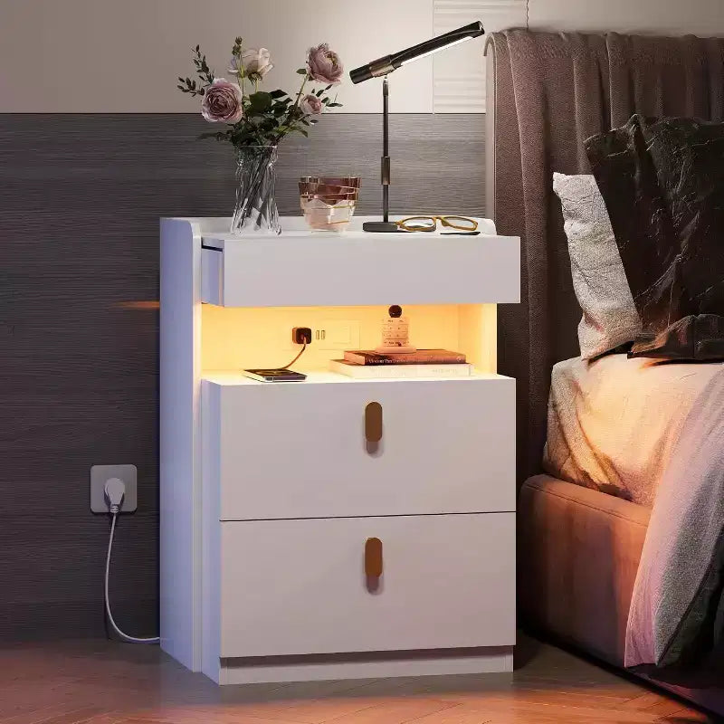 Table de chevet GALAXHERO avec lumières LED et station de charge, avec plateau coulissant et 2 tiroirs, table d'appoint intelligente pour chambre ou salon