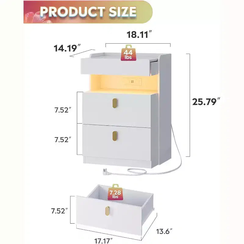 Table de chevet GALAXHERO avec lumières LED et station de charge, avec plateau coulissant et 2 tiroirs, table d'appoint intelligente pour chambre ou salon