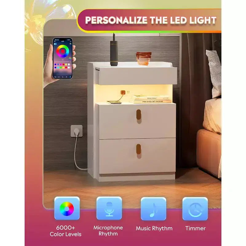 Table de chevet GALAXHERO avec lumières LED et station de charge, avec plateau coulissant et 2 tiroirs, table d'appoint intelligente pour chambre ou salon