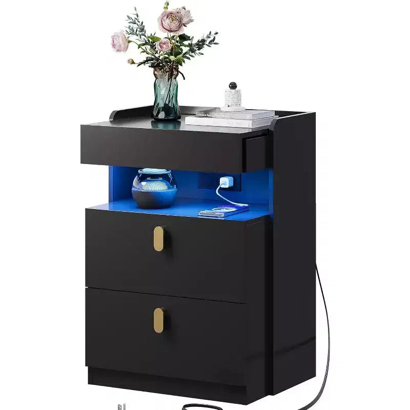 GALAXHERO Nightstand with LED Lights and Charging Station, with Sliding Top and 2 Drawers, Smart End Table for Bedroom or Living Room