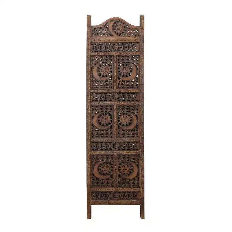 Paravent Royal Hampton de 71 pouces à 4 panneaux en bois de manguier, sculpté à la main, motif soleil et lune, marron