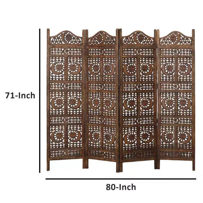 Paravent Royal Hampton de 71 pouces à 4 panneaux en bois de manguier, sculpté à la main, motif soleil et lune, marron