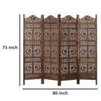 Paravent Royal Hampton de 71 pouces à 4 panneaux en bois de manguier, sculpté à la main, motif soleil et lune, marron