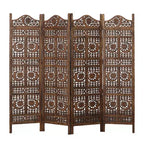 Paravent Royal Hampton de 71 pouces à 4 panneaux en bois de manguier, sculpté à la main, motif soleil et lune, marron