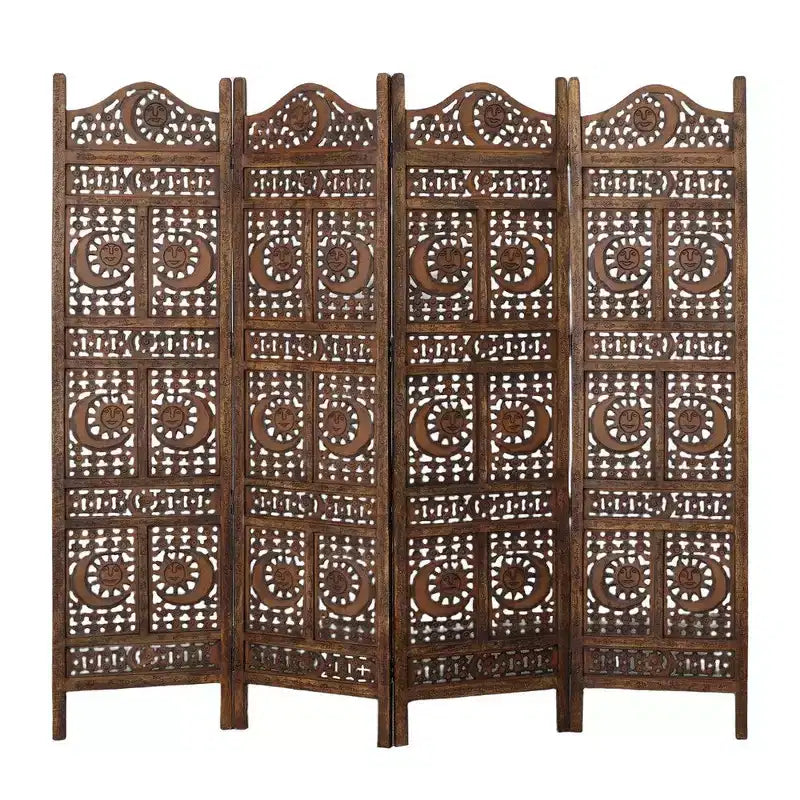 Paravent Royal Hampton de 71 pouces à 4 panneaux en bois de manguier, sculpté à la main, motif soleil et lune, marron
