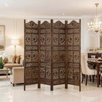 Paravent Royal Hampton de 71 pouces à 4 panneaux en bois de manguier, sculpté à la main, motif soleil et lune, marron