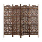 Paravent Royal Hampton de 71 pouces à 4 panneaux en bois de manguier, sculpté à la main, motif soleil et lune, marron