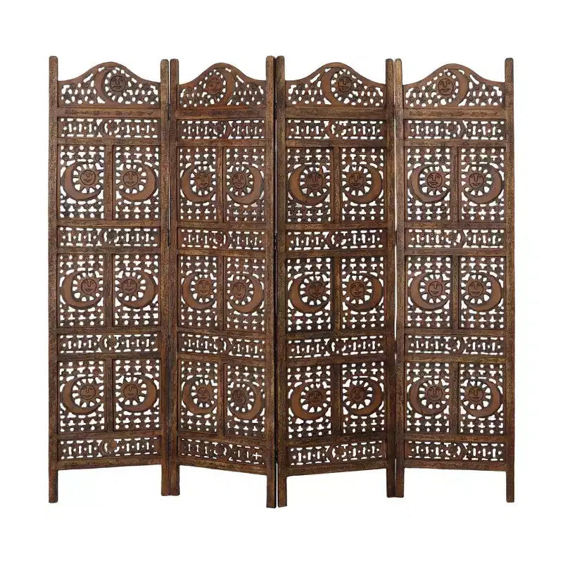 Paravent Royal Hampton de 71 pouces à 4 panneaux en bois de manguier, sculpté à la main, motif soleil et lune, marron