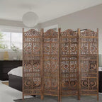 Paravent Royal Hampton de 71 pouces à 4 panneaux en bois de manguier, sculpté à la main, motif soleil et lune, marron