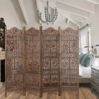 Paravent Royal Hampton de 71 pouces à 4 panneaux en bois de manguier, sculpté à la main, motif soleil et lune, marron