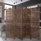Paravent Royal Hampton de 71 pouces à 4 panneaux en bois de manguier, sculpté à la main, motif soleil et lune, marron