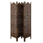 Paravent Royal Hampton de 71 pouces à 4 panneaux en bois de manguier, sculpté à la main, motif soleil et lune, marron