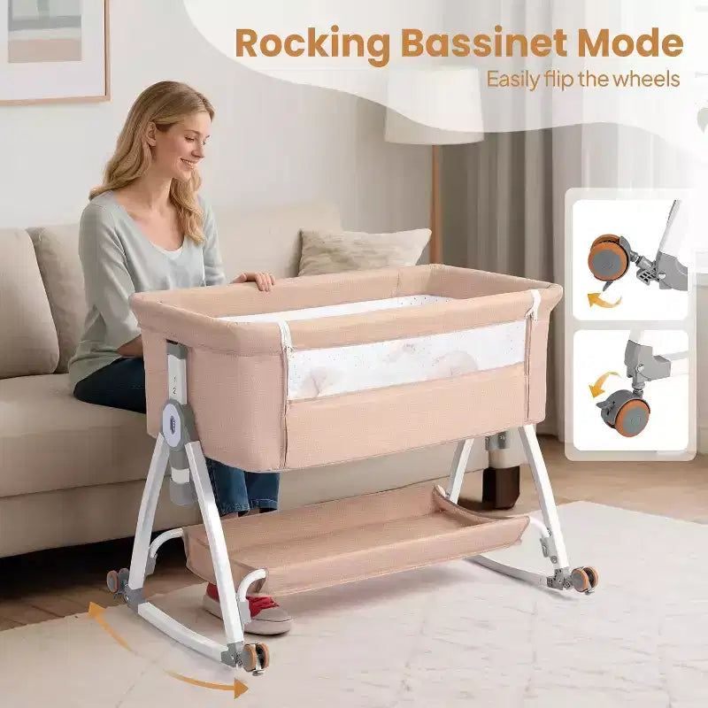 JOYMOR Couffin Bébé 3 en 1, Cododo pour Bébé, avec Matelas Confortable et Roues, 6 Hauteurs Réglables, Pliage Facile (Beige)