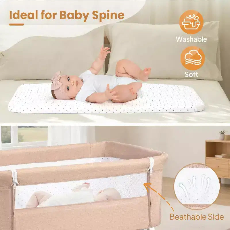 JOYMOR Couffin Bébé 3 en 1, Cododo pour Bébé, avec Matelas Confortable et Roues, 6 Hauteurs Réglables, Pliage Facile (Beige)