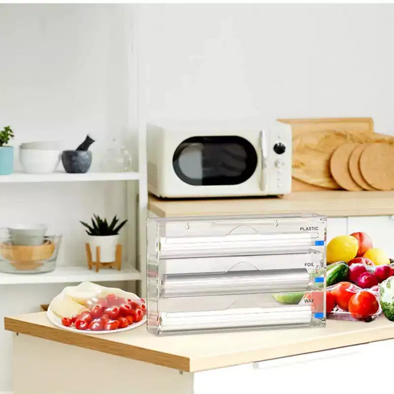 Organisateur de papier aluminium et film plastique – Distributeur de rangement en acrylique pour tiroir de cuisine (taille standard, transparent)