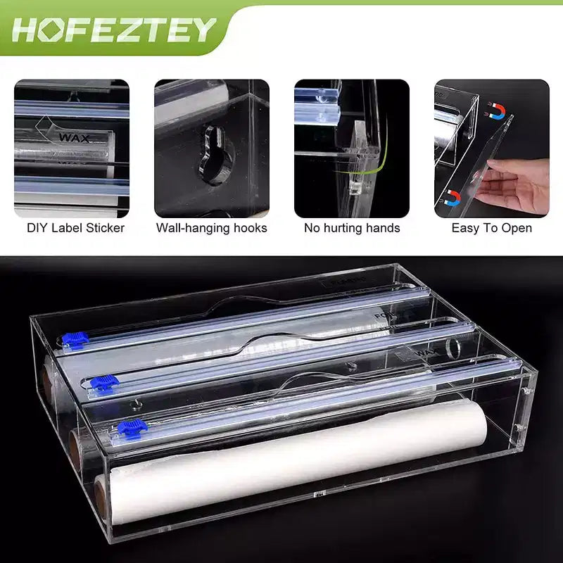 Organisateur de papier aluminium et film plastique – Distributeur de rangement en acrylique pour tiroir de cuisine (taille standard, transparent)