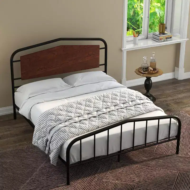 Lit plateforme avec tête de lit en bois - Cadre en métal robuste, pas besoin de sommier tapissier, silencieux, montage facile, noyer brun, DOUBLE