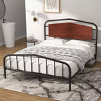 Lit plateforme avec tête de lit en bois - Cadre en métal robuste, pas besoin de sommier tapissier, silencieux, montage facile, noyer brun, DOUBLE
