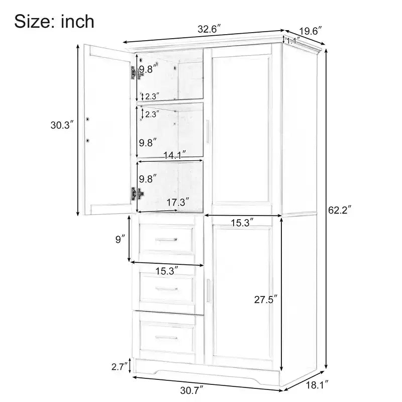 Armoire de rangement haute et large avec portes pour salle de bain/bureau, trois tiroirs, blanche