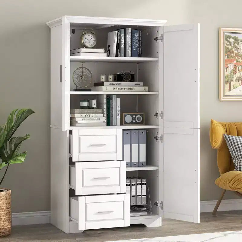 Armoire de rangement haute et large avec portes pour salle de bain/bureau, trois tiroirs, blanche