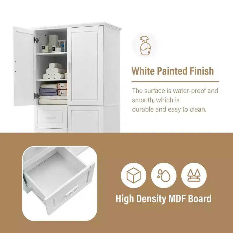 Armoire de rangement haute et large avec portes pour salle de bain/bureau, trois tiroirs, blanche