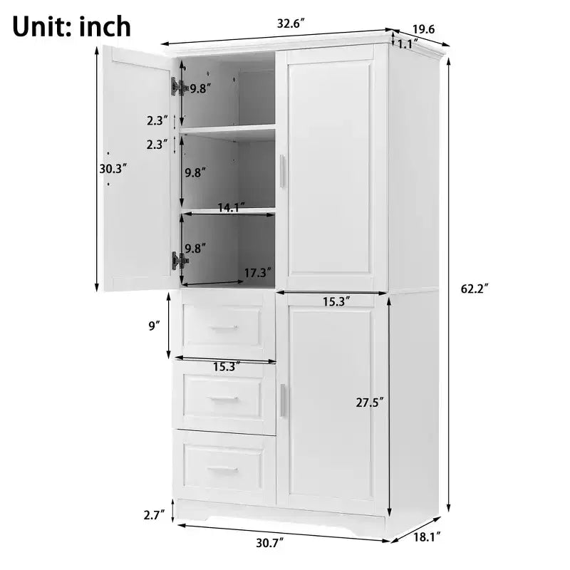 Armoire de rangement haute et large avec portes pour salle de bain/bureau, trois tiroirs, blanche