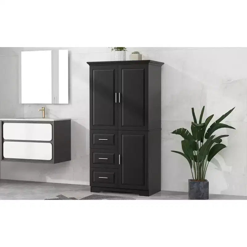 Armoire de rangement haute et large avec portes pour salle de bain/bureau, trois tiroirs, blanche