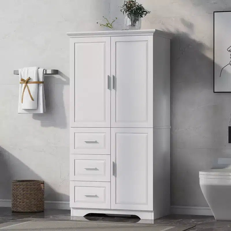 Tall and Wide Storage Cabinet with Doors for Bathroom/Office Three Drawers White