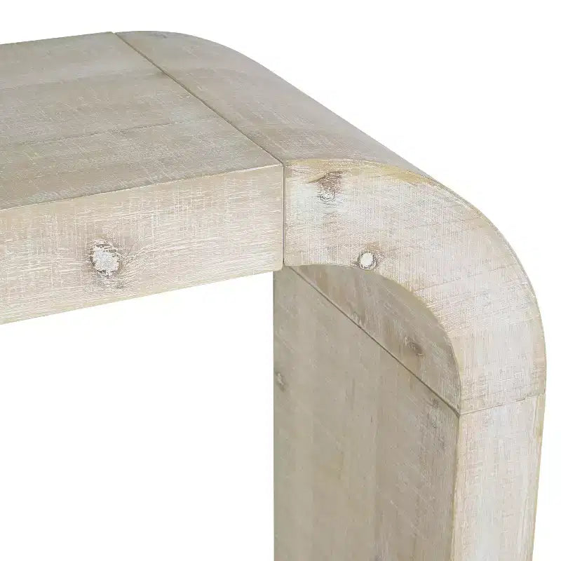 Table console minimaliste Okak avec coin arqué, table d'entrée avec plateau et pieds épais, table d'appoint pour entrée, salon