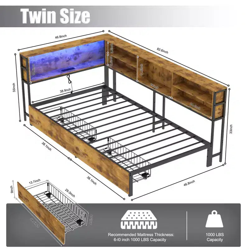 Cadre de lit d'angle pour enfants Okak Twin/Full avec étagère de rangement et lumière LED, lit plateforme moderne avec étagère, aucun sommier tapissier requis