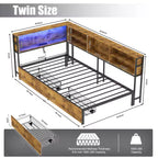 Cadre de lit d'angle pour enfants Okak Twin/Full avec étagère de rangement et lumière LED, lit plateforme moderne avec étagère, aucun sommier tapissier requis