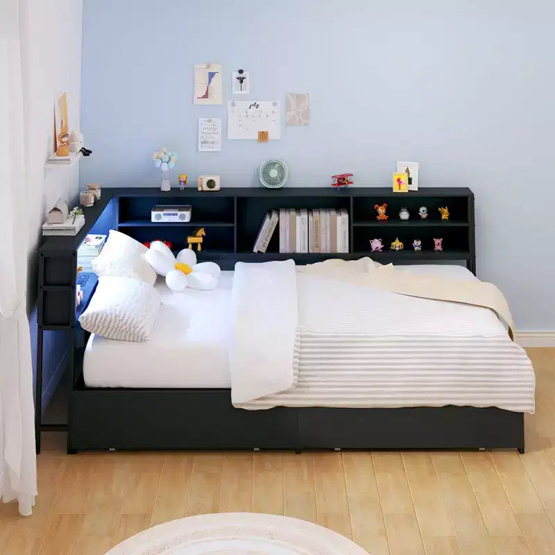 Cadre de lit d'angle pour enfants Okak Twin/Full avec étagère de rangement et lumière LED, lit plateforme moderne avec étagère, aucun sommier tapissier requis