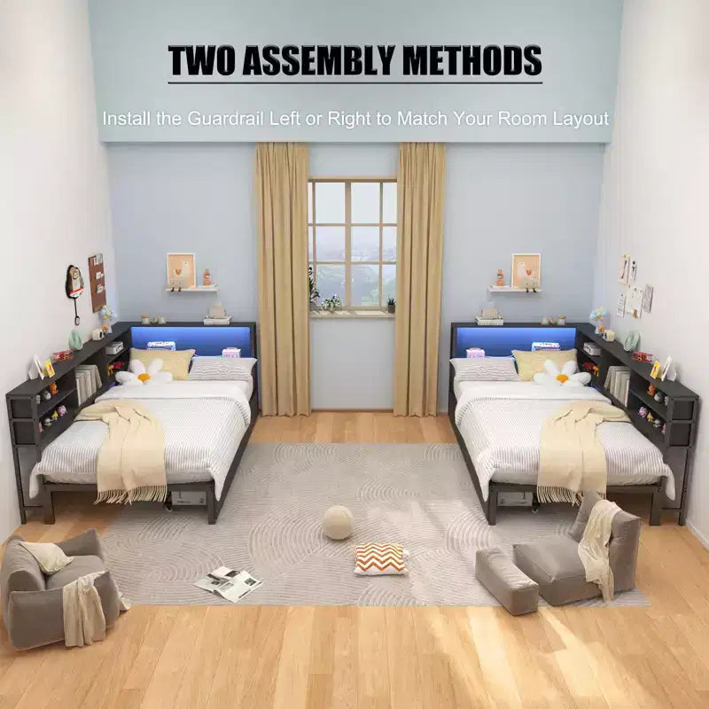 Cadre de lit d'angle pour enfants Okak Twin/Full avec étagère de rangement et lumière LED, lit plateforme moderne avec étagère, aucun sommier tapissier requis
