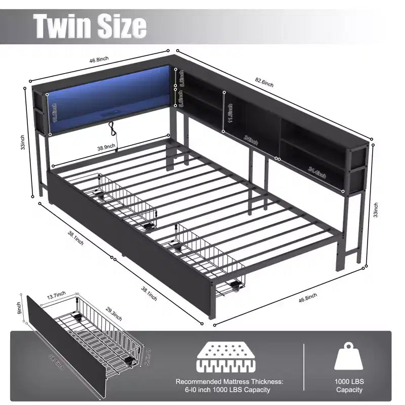 Cadre de lit d'angle pour enfants Okak Twin/Full avec étagère de rangement et lumière LED, lit plateforme moderne avec étagère, aucun sommier tapissier requis
