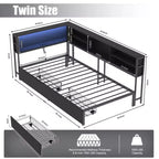 Cadre de lit d'angle pour enfants Okak Twin/Full avec étagère de rangement et lumière LED, lit plateforme moderne avec étagère, aucun sommier tapissier requis