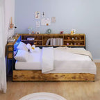 Cadre de lit d'angle pour enfants Okak Twin/Full avec étagère de rangement et lumière LED, lit plateforme moderne avec étagère, aucun sommier tapissier requis