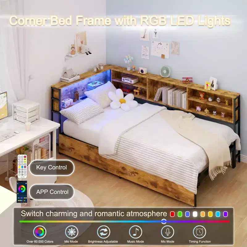 Cadre de lit d'angle pour enfants Okak Twin/Full avec étagère de rangement et lumière LED, lit plateforme moderne avec étagère, aucun sommier tapissier requis