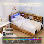Cadre de lit d'angle pour enfants Okak Twin/Full avec étagère de rangement et lumière LED, lit plateforme moderne avec étagère, aucun sommier tapissier requis