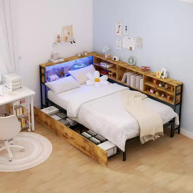 Cadre de lit d'angle pour enfants Okak Twin/Full avec étagère de rangement et lumière LED, lit plateforme moderne avec étagère, aucun sommier tapissier requis